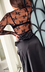 Mesh Transparent Lace Layered Top Satin Hollow-out Long Skirt Suit
