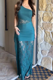 Sexy Lace Stitching Hollow out See-through Sloping Shoulder Dress