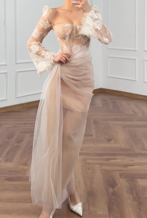 Elegant Lace Machine Embroidery Slim Waist Mesh Dress