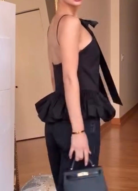 Strappy Bow Cold-Shoulder Sleeveless Bud Puffy Balloon Poplin Top