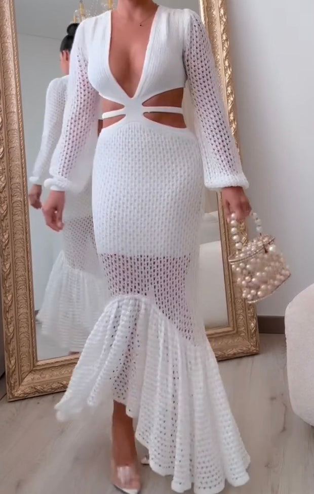 Elegant Knitted Long Sleeve Hollow Dress