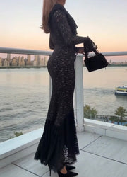 Elegant Sexy Lace Cutout V-neck Lace-up Slim-Fit Long-Sleeved Dress