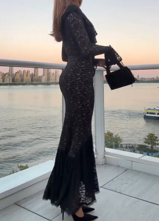 Elegant Sexy Lace Cutout V-neck Lace-up Slim-Fit Long-Sleeved Dress