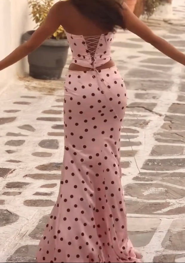 Elegant Polka Dot Printed Navel Tube Top Vest Skirt Two-Piece Suit