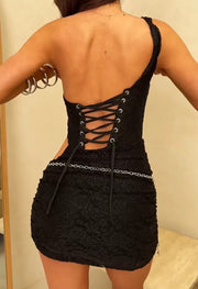 Sexy Oblique Shoulder Cutout Lace Stitching Mesh Dress
