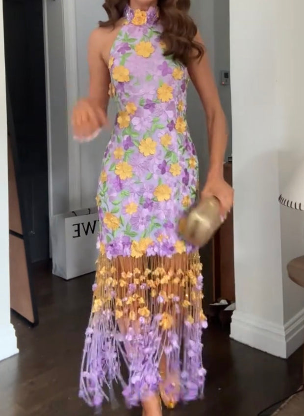 Temperament Crew Neck Embroidered Tassel Dress