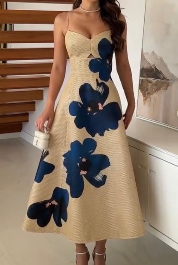 Elegant Spaghetti-Strap Floral Print Waist Dress