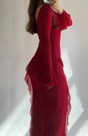 Fashion Sexy Lacing Side Slit Lace Slim-Fit Long-Sleeved Dress