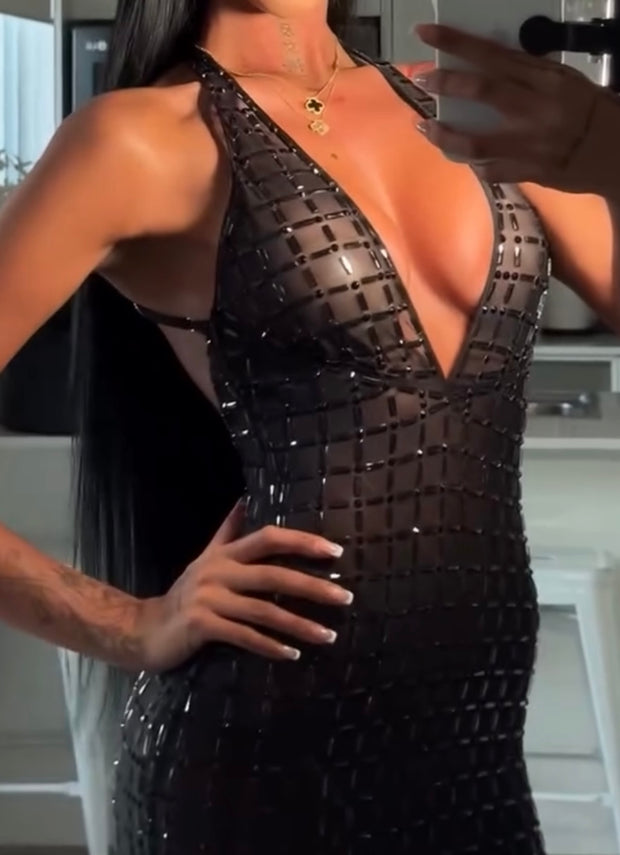 Sexy Backless See-through Halter Sheath Rhinestone Dress