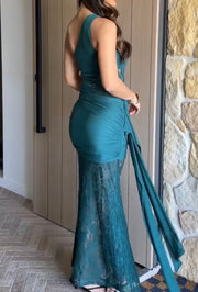 Sexy Lace Stitching Hollow out See-through Sloping Shoulder Dress