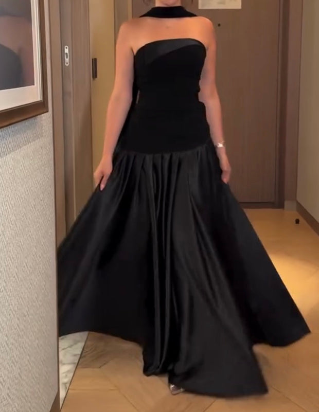 Elegant Black Tube Top Slimming Patchwork Dress