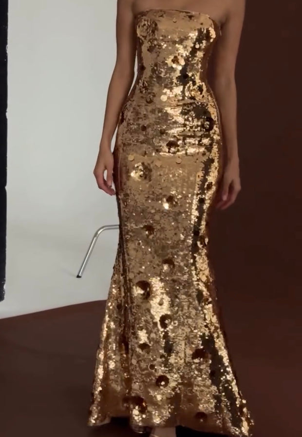 Sequined Gold Dress High-End Light Luxury Evening Dress Sling Dress