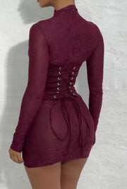 Sexy Elegant Long Sleeve Lace Stitching Satin Vest Tied Dress