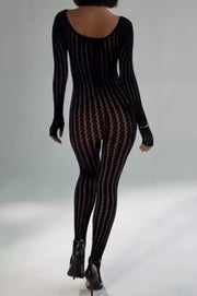Fashion Seamless Striped Jacquard One-Piece Long Sleeves Jumpsuit