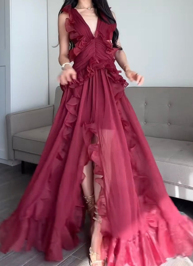 Elegance Retro Dress Irregular Red Dress