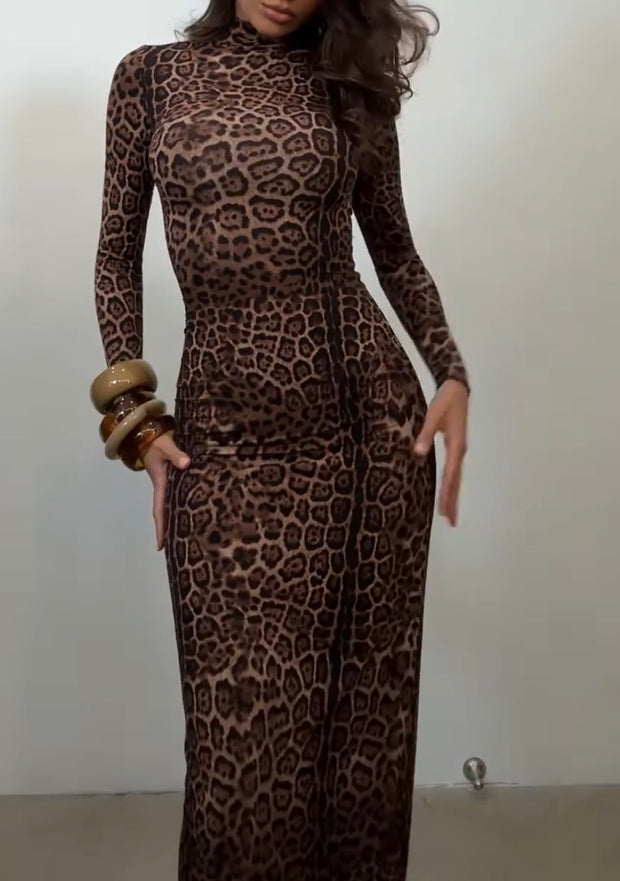 Elegant Leopard-Print Slim-Fit Sheer Long Sleeve Sexy Waist Trimming Bodycon Dress