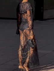 Mesh Long Sleeve Lace Bell-Bottom Sexy High Waist See-through Lace Pants