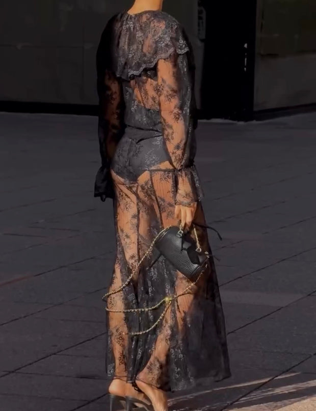 Mesh Long Sleeve Lace Bell-Bottom Sexy High Waist See-through Lace Pants