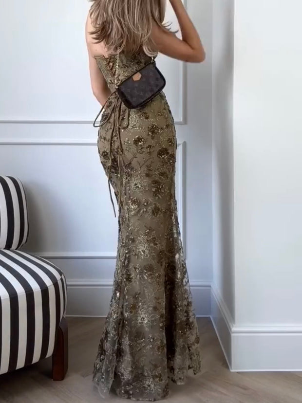 Sequin Gauze Slim-Fit Trailing Sexy Backless Formal Dress