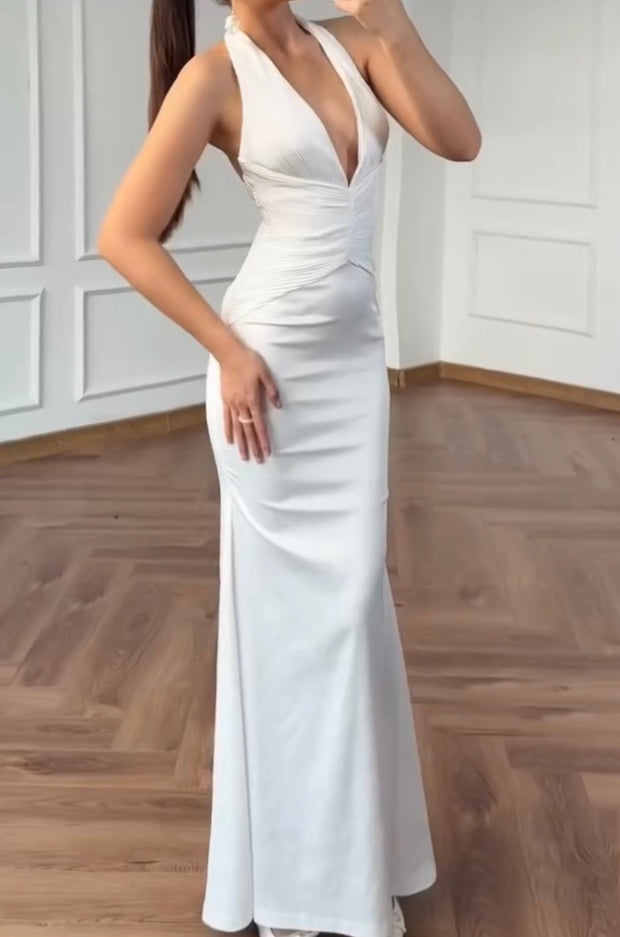 White Slim Halter Backless Dress
