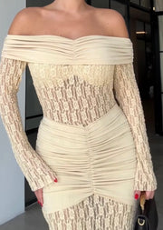 Off-the-Shoulder Lace Sheath Sexy Long Sleeve Dress Temperament Long Dress