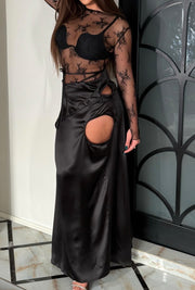 Mesh Transparent Lace Layered Top Satin Hollow-out Long Skirt Suit