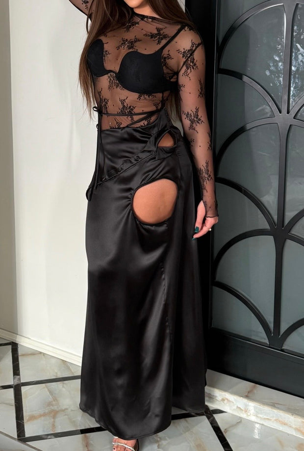 Mesh Transparent Lace Layered Top Satin Hollow-out Long Skirt Suit