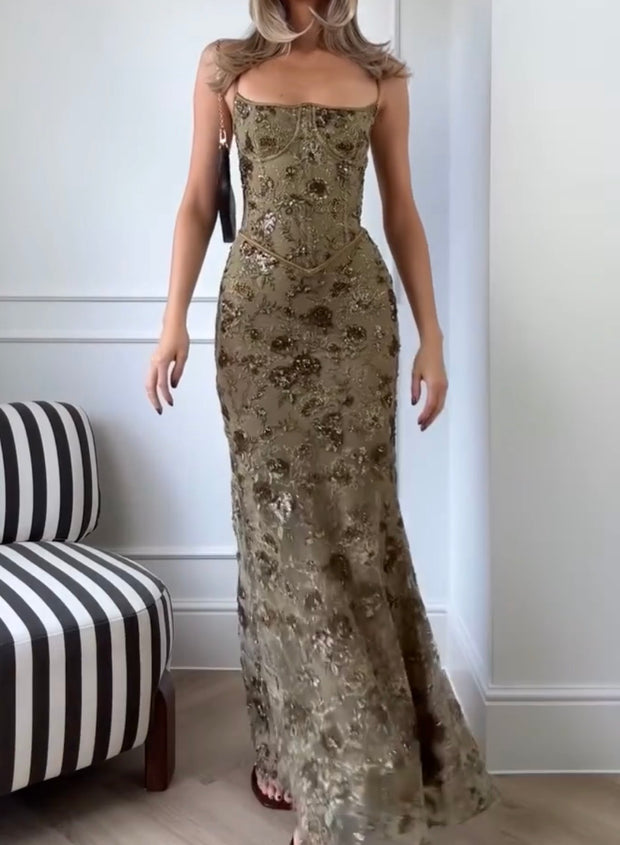 Sequin Gauze Slim-Fit Trailing Sexy Backless Formal Dress