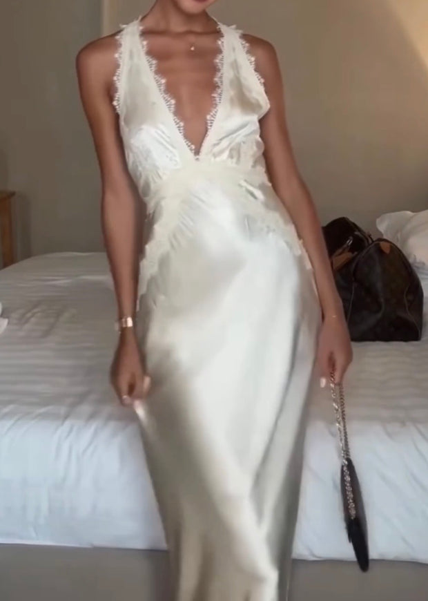 V-neck Backless Satin Lace Sleeveless Waist-Tight Elegant Dress