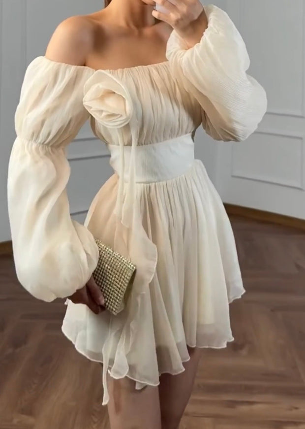 White off-Shoulder Lantern Sleeve Chiffon Dress