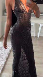 Sexy Backless See-through Halter Sheath Rhinestone Dress