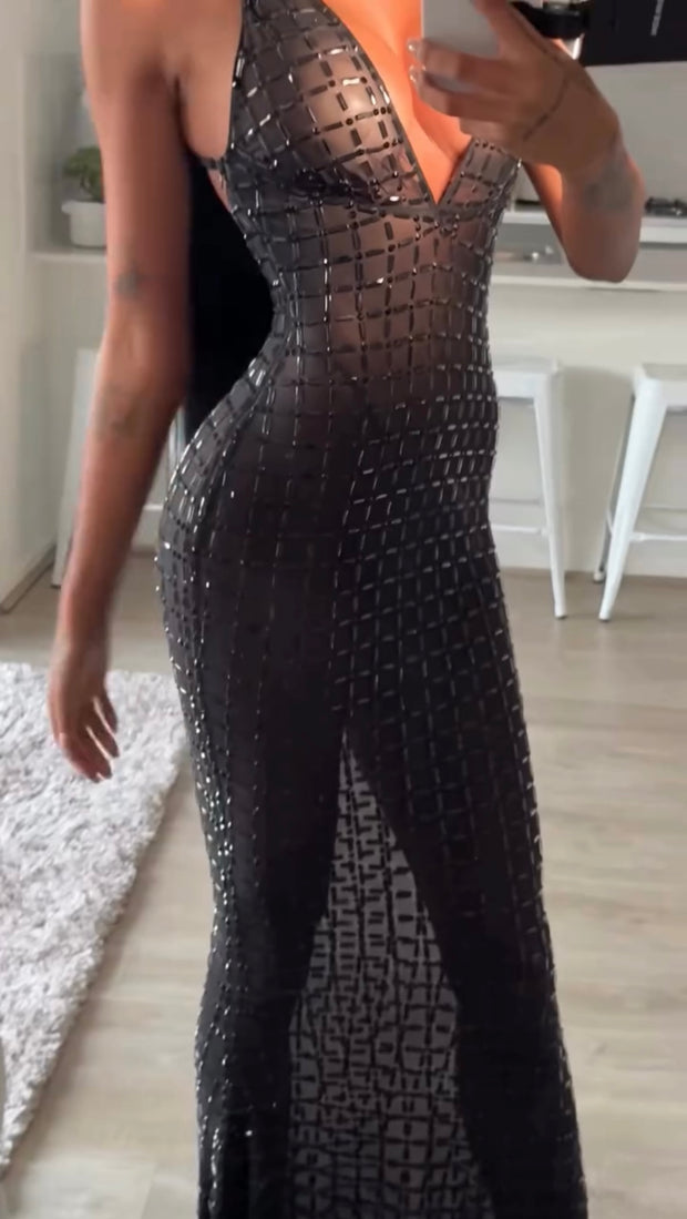 Sexy Backless See-through Halter Sheath Rhinestone Dress