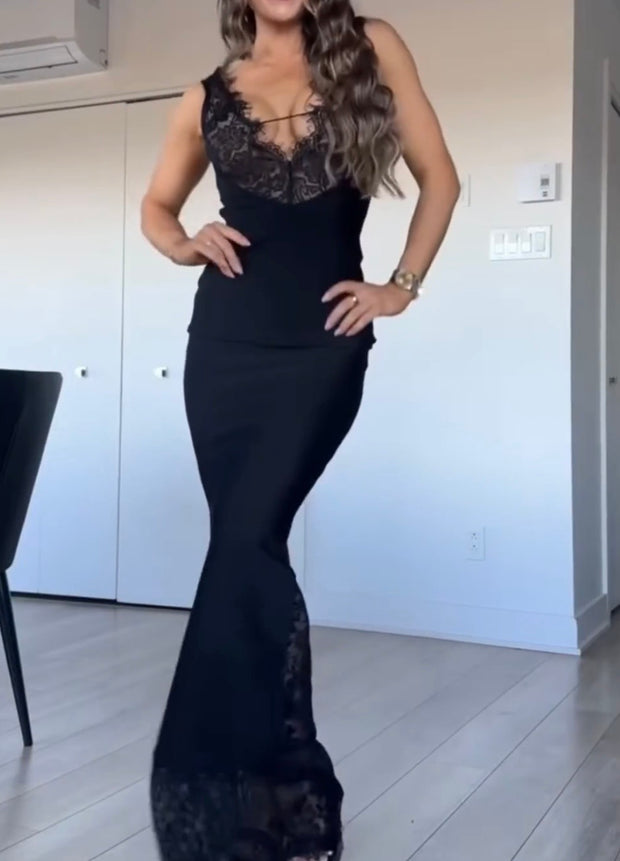 Sexy Sleeveless Deep V Lace Slim Fit Patchwork Sheath Dress