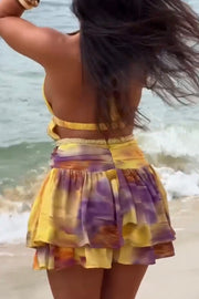 Sexy Halter Deep V Printed Waist Skirt