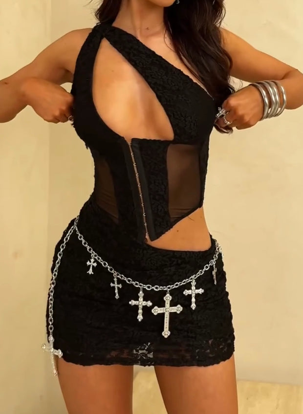 Sexy Oblique Shoulder Cutout Lace Stitching Mesh Dress