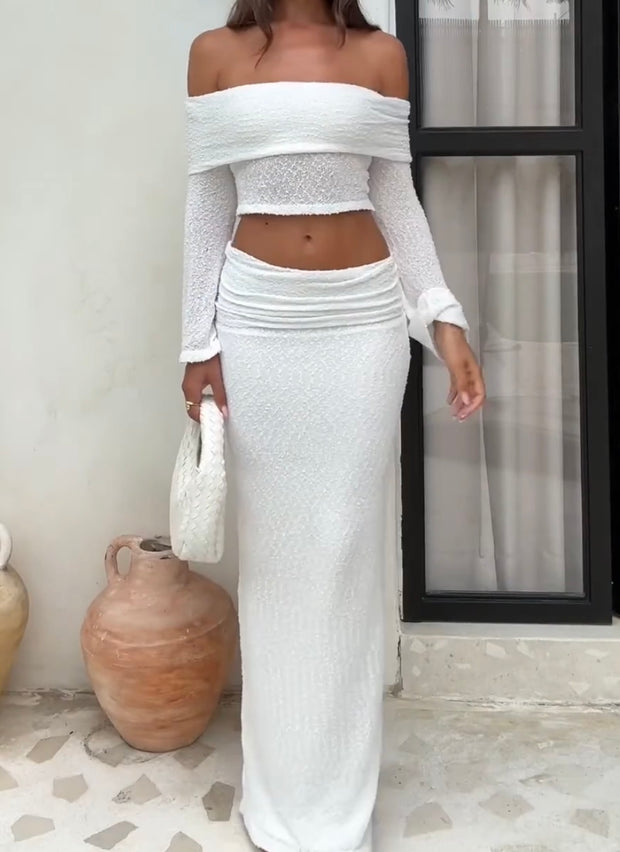 off-Shoulder Midriff-Baring Top Knitted Beach Suit Skirt