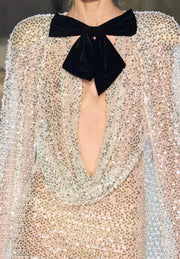 Personality Mesh Bow Sequined Long Sleeve Dress