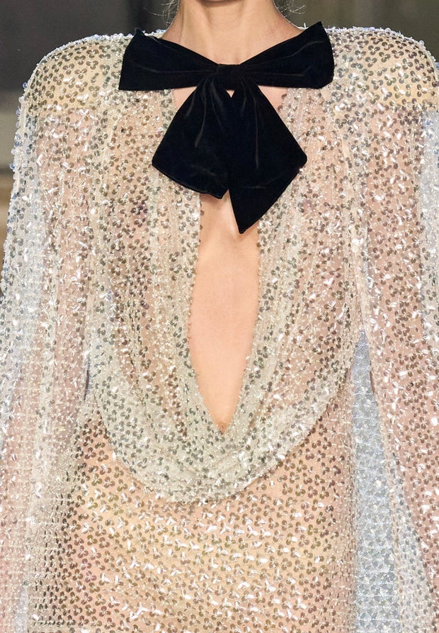 Personality Mesh Bow Sequined Long Sleeve Dress