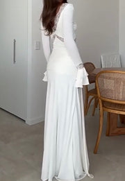 Long Sleeve Lace Patchwork Flared Sleeves Ribbon Elegant Slim-Fit Dress