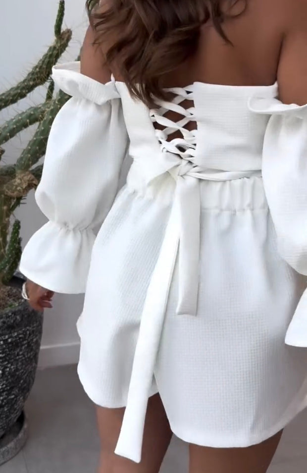 Sexy Tube Top Cinched Waist Backless Raglan Lantern Sleeve Shorts