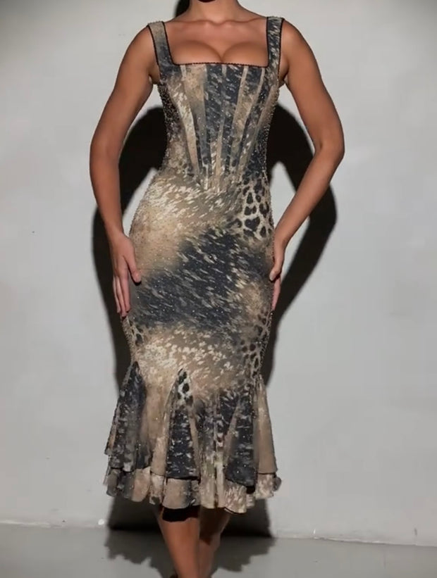 Elegant Sexy Sling Leopard Print Fishbone Girdle Dress