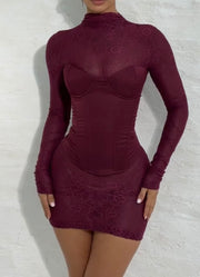 Sexy Elegant Long Sleeve Lace Stitching Satin Vest Tied Dress