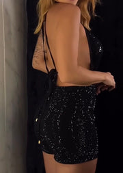 Sexy Deep V Hollow Backless Halterneck with Suspenders Tight Sequins Dress