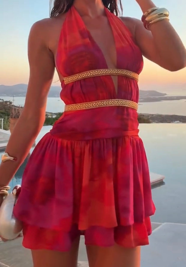 Sexy Halter V-neck Girdle Printed Short Skirt