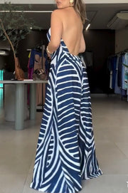 Graceful Personality Women's Printed Striped Spaghetti Straps Hollow-out Long Dress