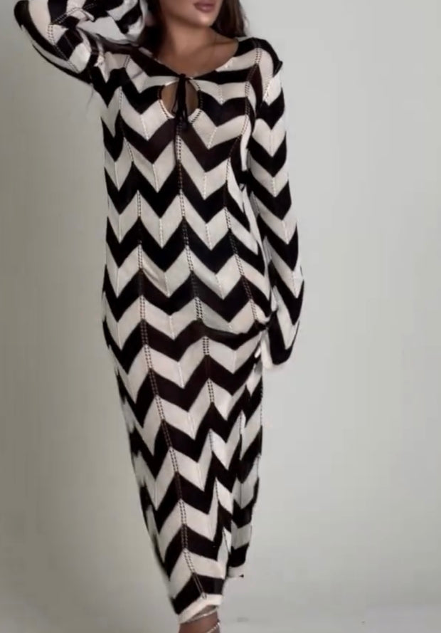 Wave Pattern Self-Tie Dress