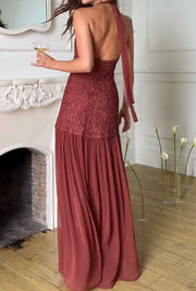 Elegant Jacquard Halter Sleeveless Exposed Back Slim Fit Patchwork Slimming Dress