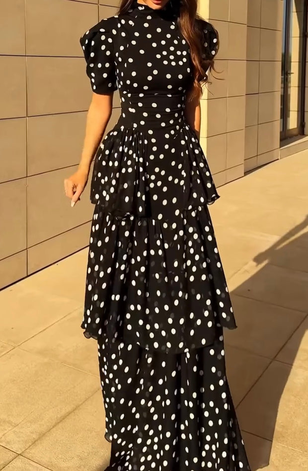 off-Shoulder Elegant Retro Black and White Polka Dot Dress