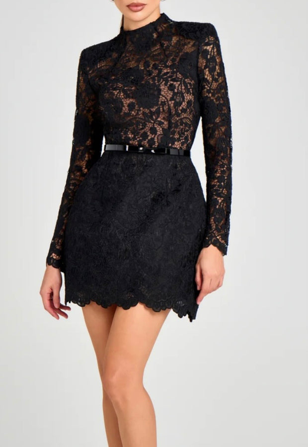 Lace See-through Hollow out Belt Slim Fit Long Sleeve Short Dress