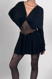 Temperament Long Sleeve Fluff Stitching Lace Skirt